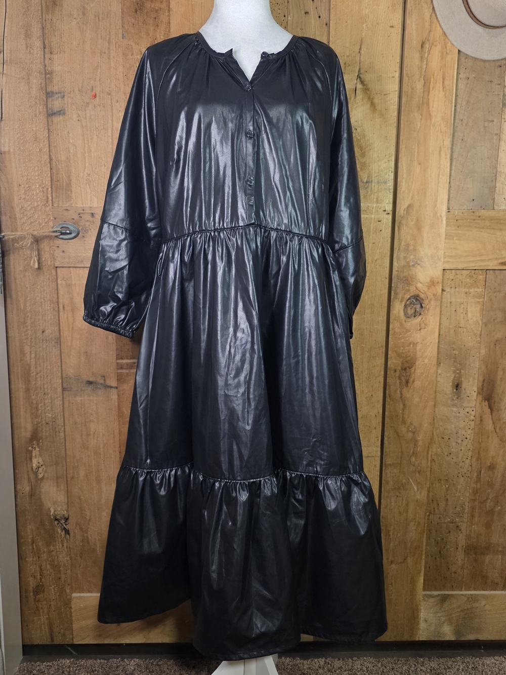 Chico’s Black Faux Leather Tiered Midi Dress Size 2 L/12 Button Front Whimsigoth